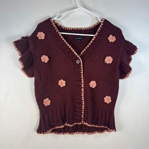 Blu Pepper Burgundy Floral Applique Crochet Trim Short Sleeve Cardigan Sweater S